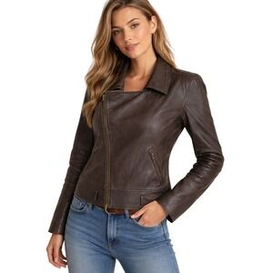 Polo Ralph Lauren Womens Brown Leather Asymmetrical Biker Moto Jacket Large Y2K